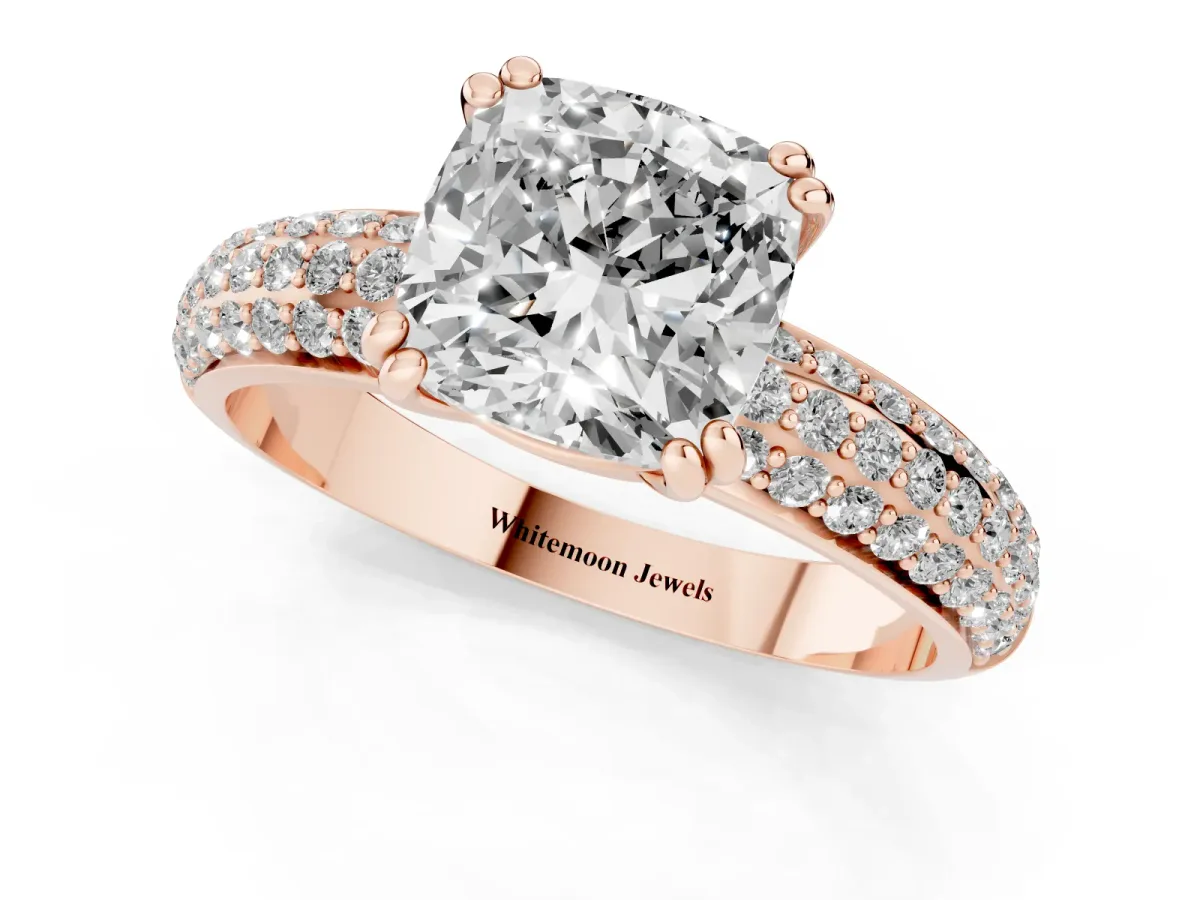 Cushion Cut Diamond Solitaire Ring with Multi-Row Round Pavé Band and Prong Setting Rose gold