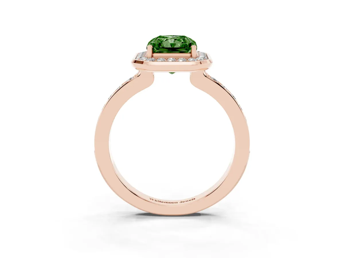 Fancy Green Radiant Cut Diamond Halo Ring with Bezel Frame and Pavé Band Rose gold
