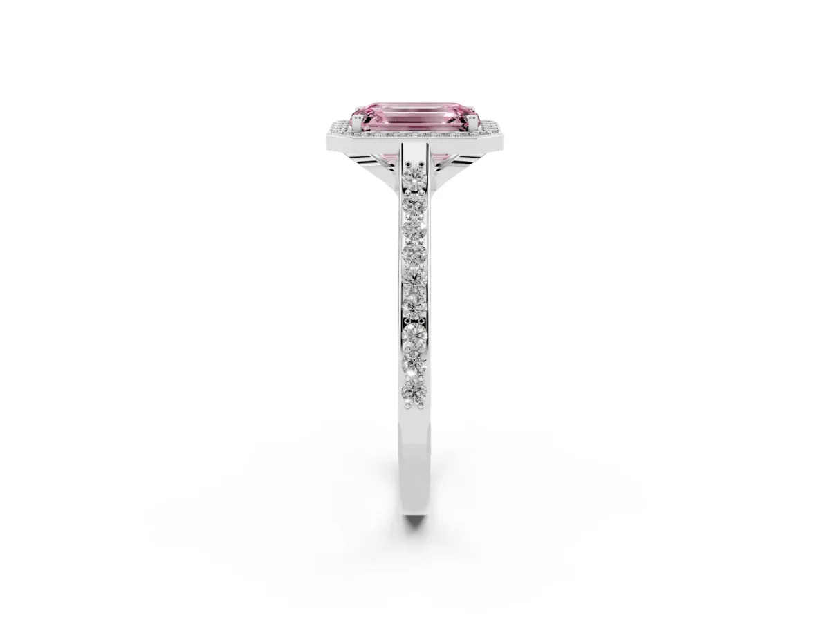 Fancy Pink Emerald Cut Diamond Halo Engagement Ring with Round Pavé Shoulders and Prong Setting White gold