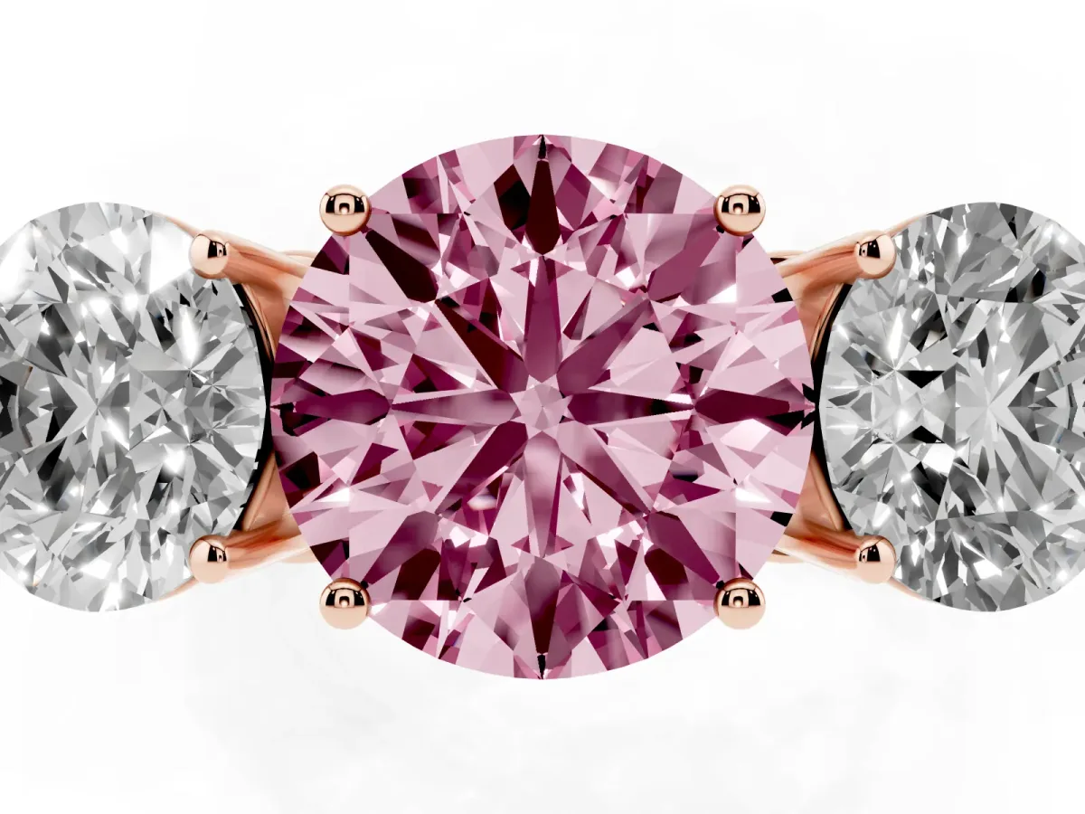 Fancy Pink Round Cut Diamond Three-Stone Ring with Prong Setting and Textured Band Rose gold