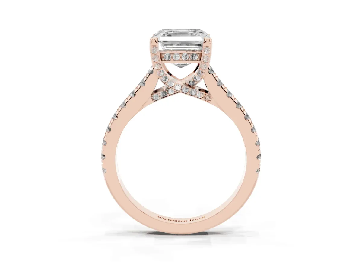 Asscher Cut Brilliant Diamond Solitaire with Pavé Band and Four-Prong Setting Rose gold