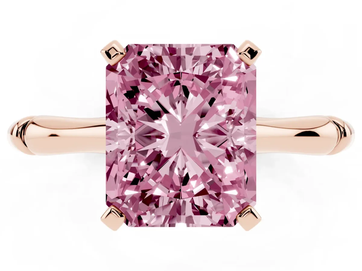 Fancy Pink Radiant Cut Solitaire Diamond Ring with Bamboo Band and Four-Prong Setting Rose gold