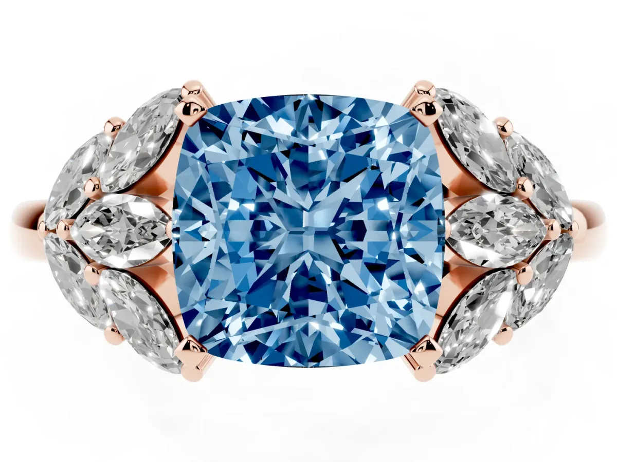 Fancy Blue Cushion Cut Diamond Cluster Leaf Design Ring with Prong Setting Rose gold