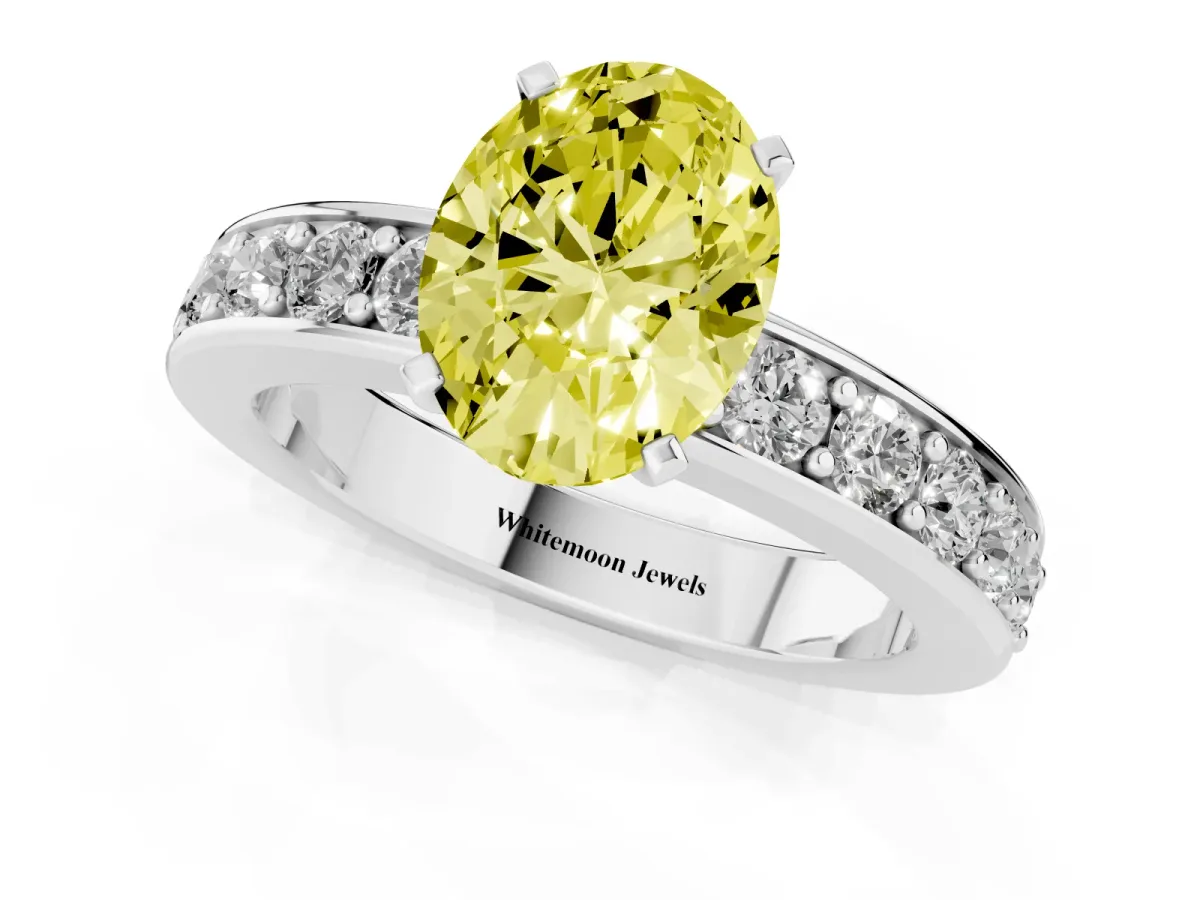 Fancy Yellow Oval Cut Diamond Engagement Ring with Channel Set Round Band and Prong Setting Silver