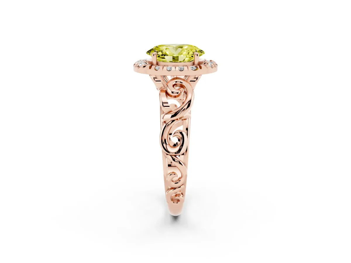 Fancy Yellow Oval Cut Cut Halo Diamond Ring with Scrollwork Band and Four-Prong Setting Rose gold