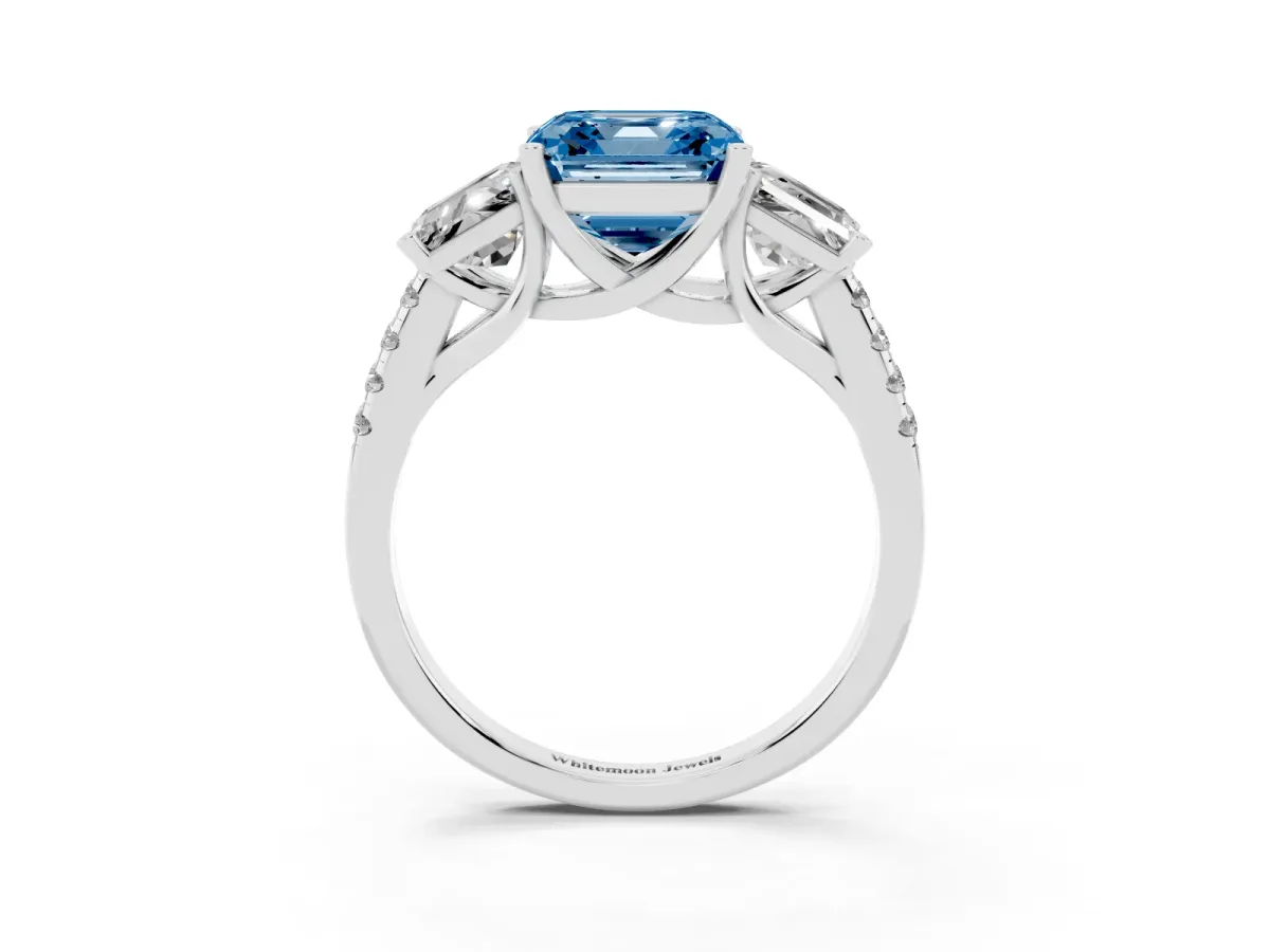 Fancy Blue Three-Stone Asscher Cut Diamond Ring with Round Pavé Band and Prong Setting Silver