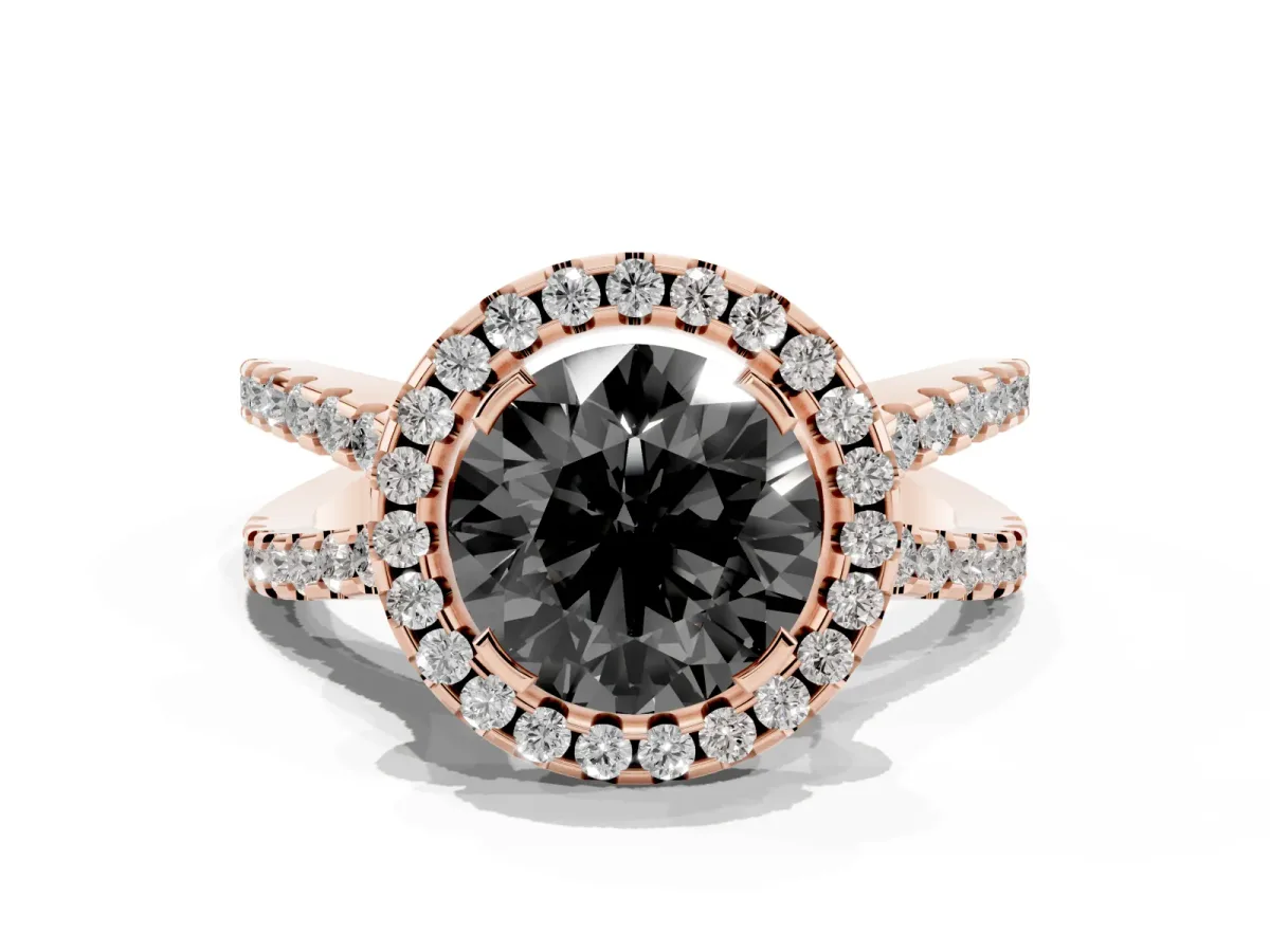 Fancy Black Round Cut Diamond Halo Ring with Split Shank Pavé Band and Prong Setting Rose gold