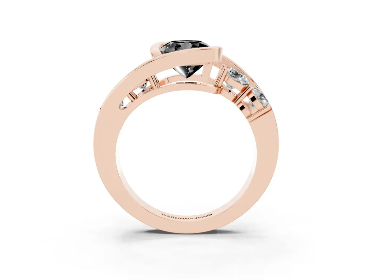 Fancy Black Bezel Set Cushion Cut Diamond Bypass Ring with Round Accents Rose gold