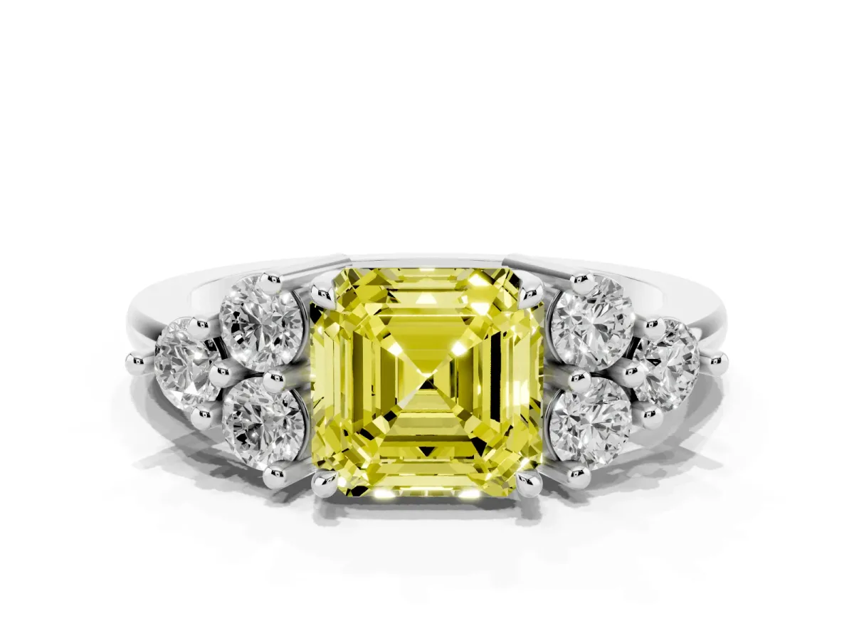 Fancy Yellow Asscher Cut Brilliant Diamond Cluster Accent Solitaire Ring with Prong Setting Silver