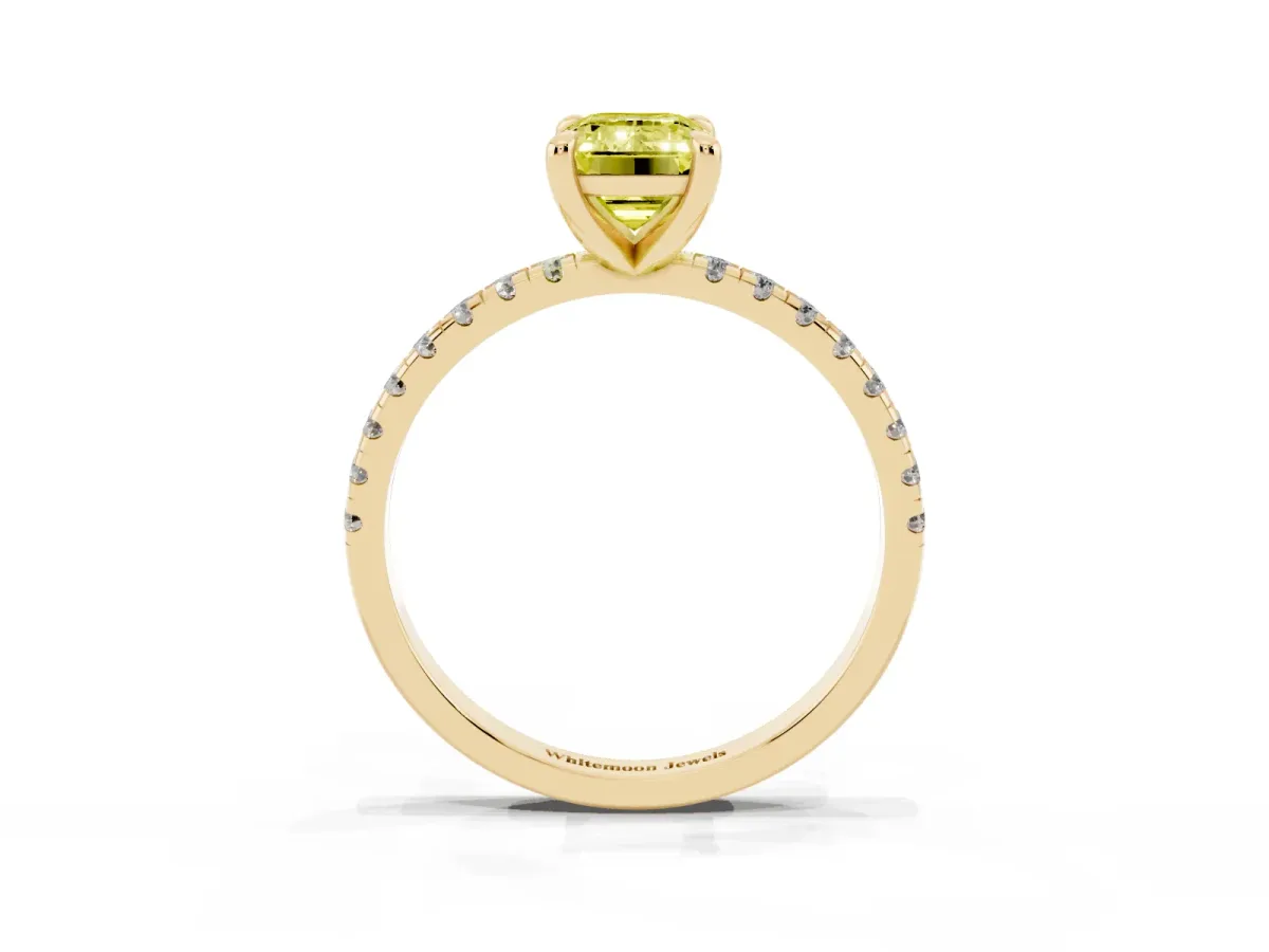 Fancy Yellow Emerald Cut Diamond Brilliant Solitaire Ring with Pavé Band and Four-Prong Setting Yellow gold