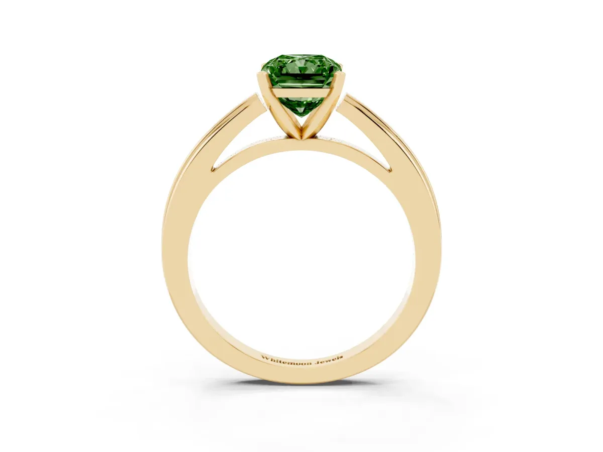 Fancy Green Radiant Cut Solitaire Diamond Ring with Four-Prong Setting and Classic Band Yellow gold