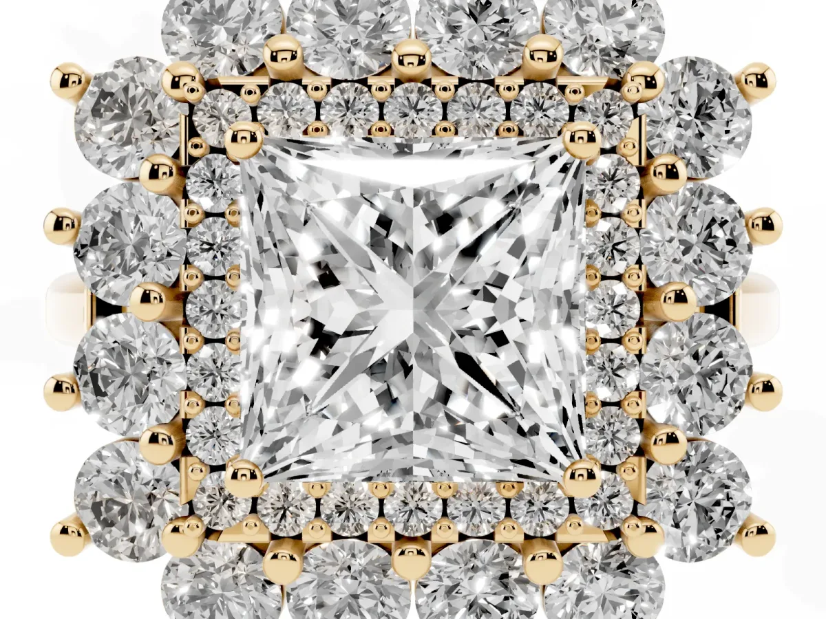 Princess Cut Diamond Floral Double Halo Engagement Ring with Prong Setting Yellow gold