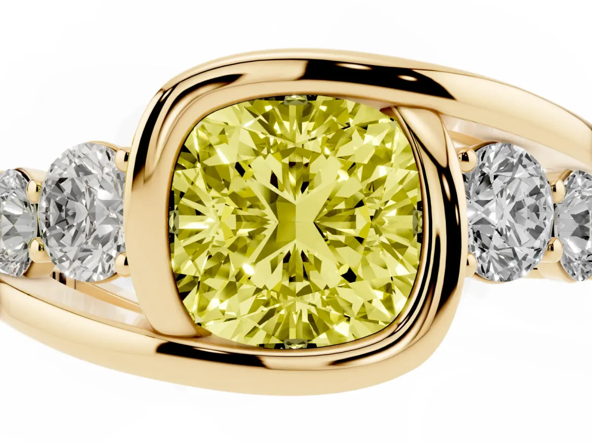 Fancy Yellow Bezel Set Cushion Cut Diamond Bypass Ring with Round Accents Yellow gold