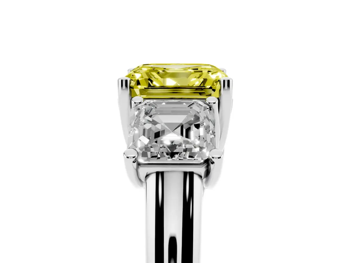 Fancy Yellow Three-Stone Asscher Cut Diamond Engagement Ring with Prong Setting Silver