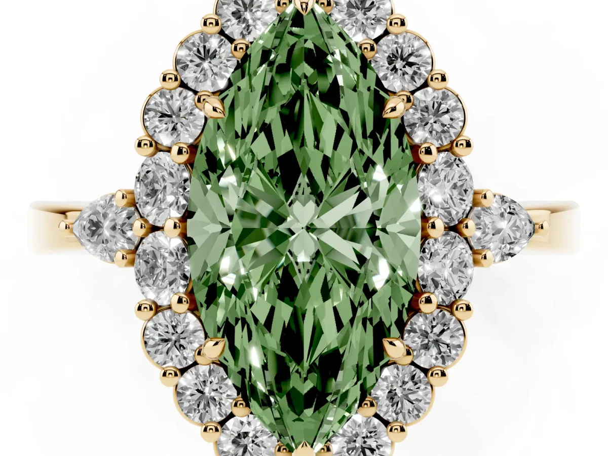 Fancy Green Marquise Cut Diamond Halo Ring with Pear Side Stones and Prong Setting Yellow gold
