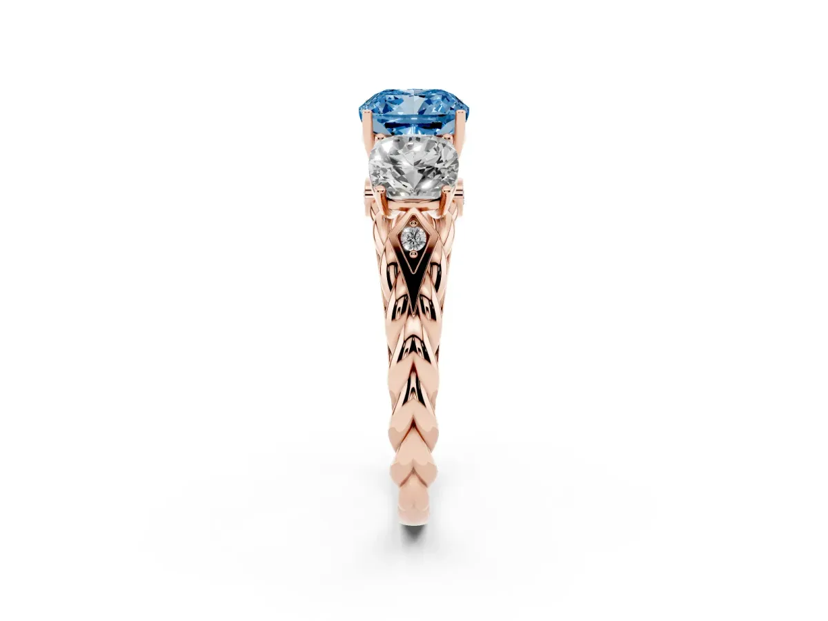 Fancy Blue Three-Stone Cushion Cut Diamond Braided Band Ring with Four-Prong Setting Rose gold