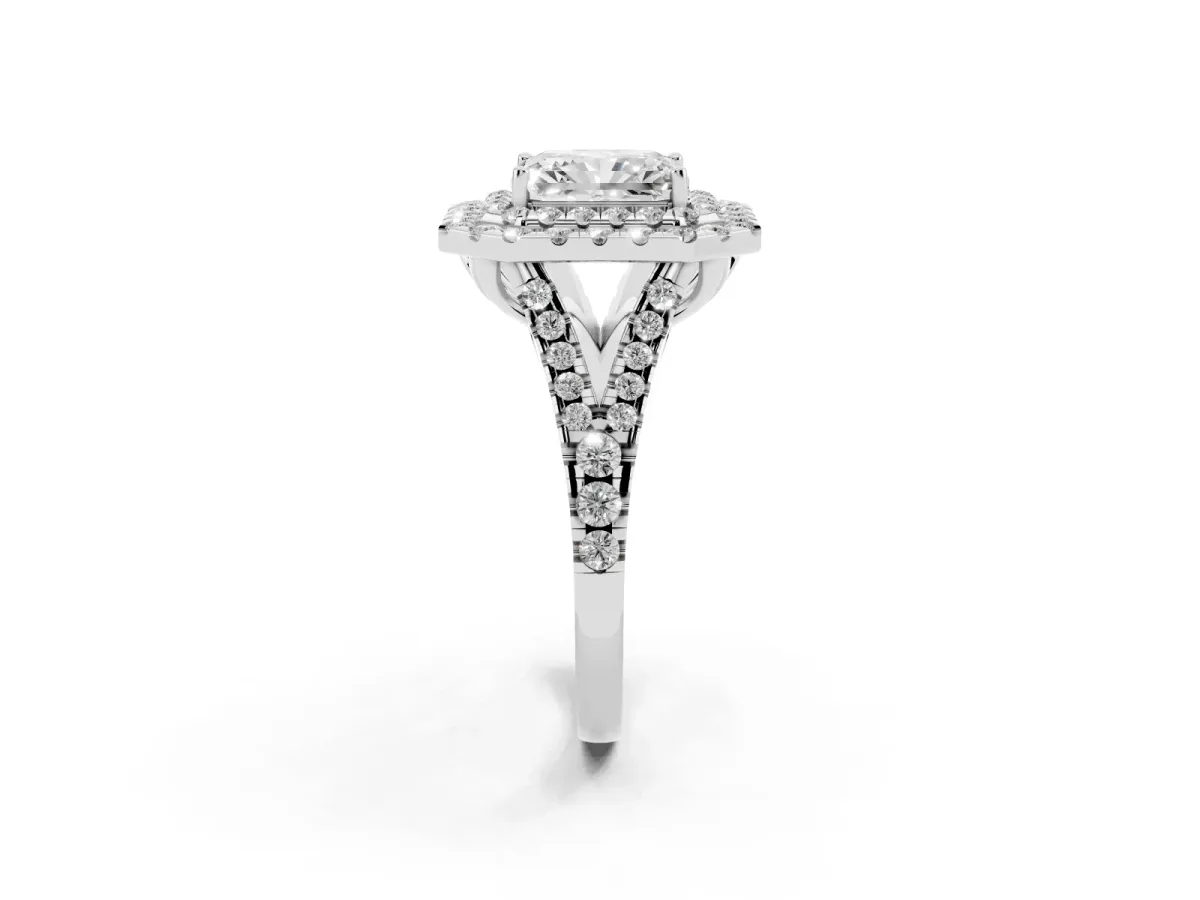 Double Halo Radiant Cut Diamond Pavé Split Shank Ring with Prong Setting Silver