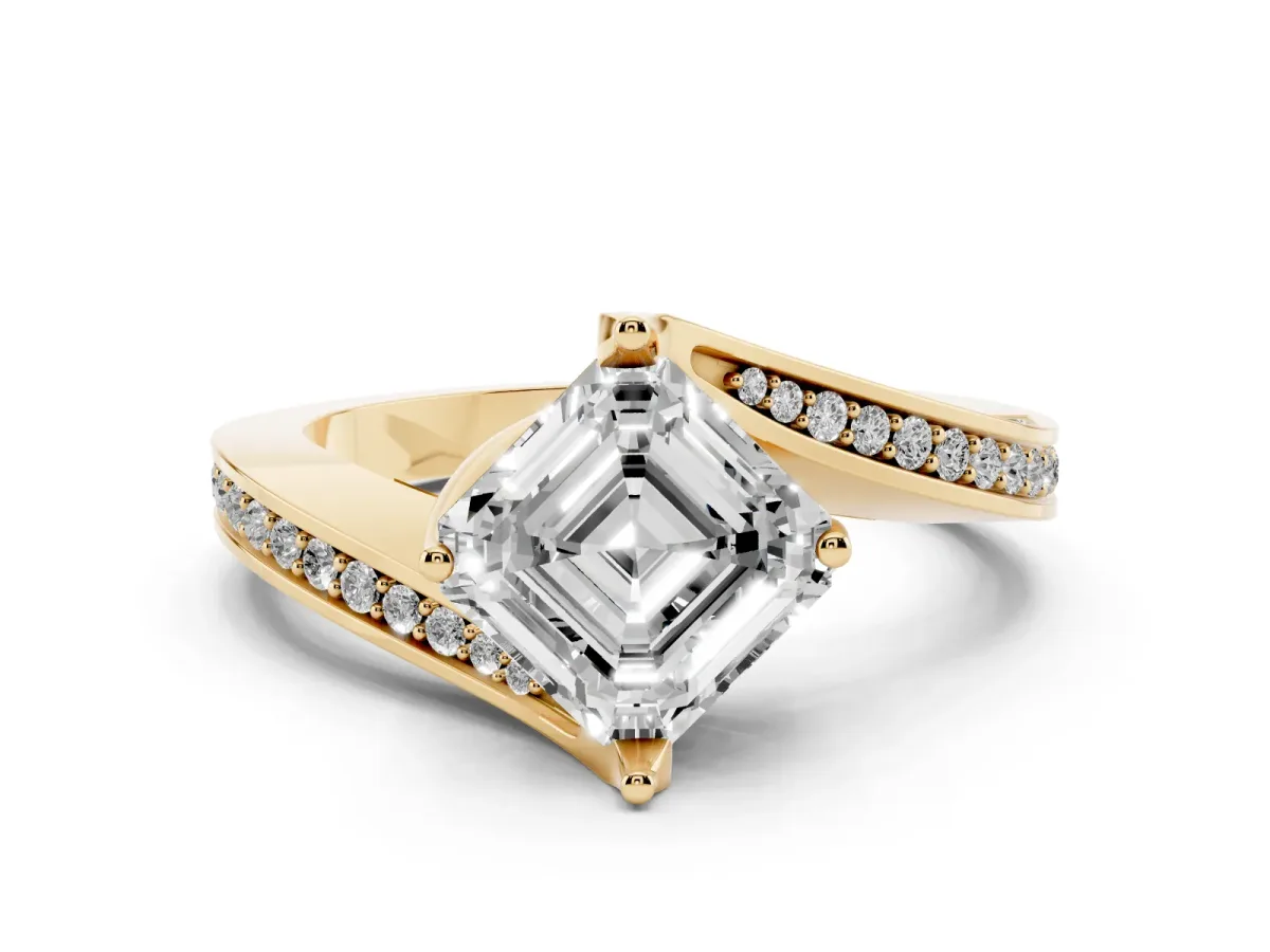 Asscher Cut Solitaire Diamond Twist Band with Pavé Setting and Four-Prong Setting Yellow gold