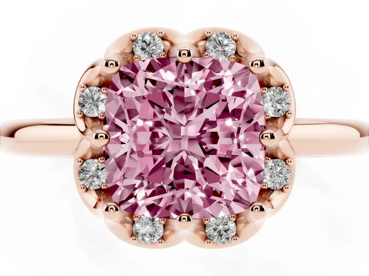Fancy Pink Cushion Cut Halo Diamond Ring with Round Cluster Setting, Solitaire Band, and Four-Prong Setting Rose gold