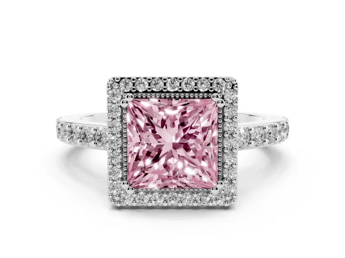 Fancy Pink Princess Cut Cut Diamond Halo Engagement Ring with Milgrain Detail and Pavé Band Silver