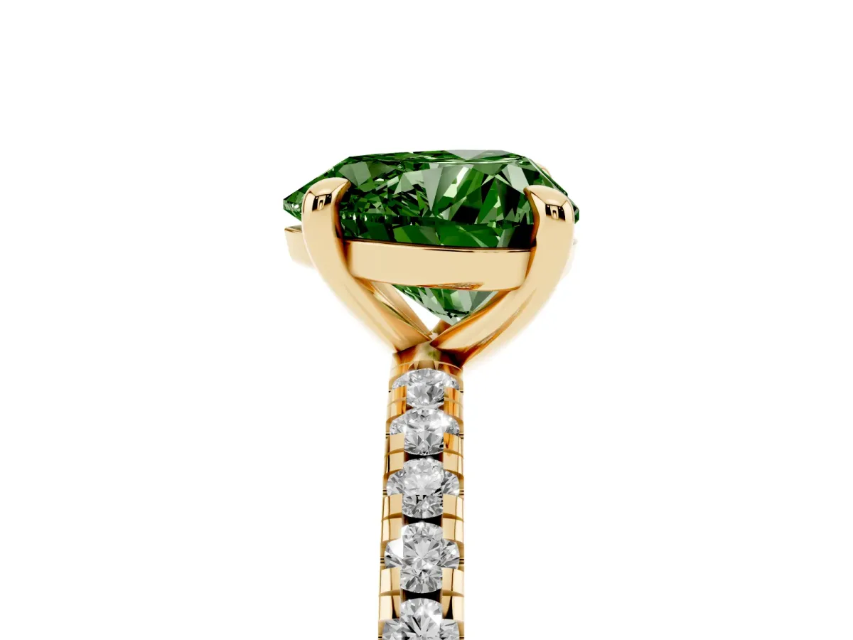 Fancy Green Heart Cut Diamond Brilliant Solitaire Ring with Pavé Band and Four-Prong Setting Yellow gold