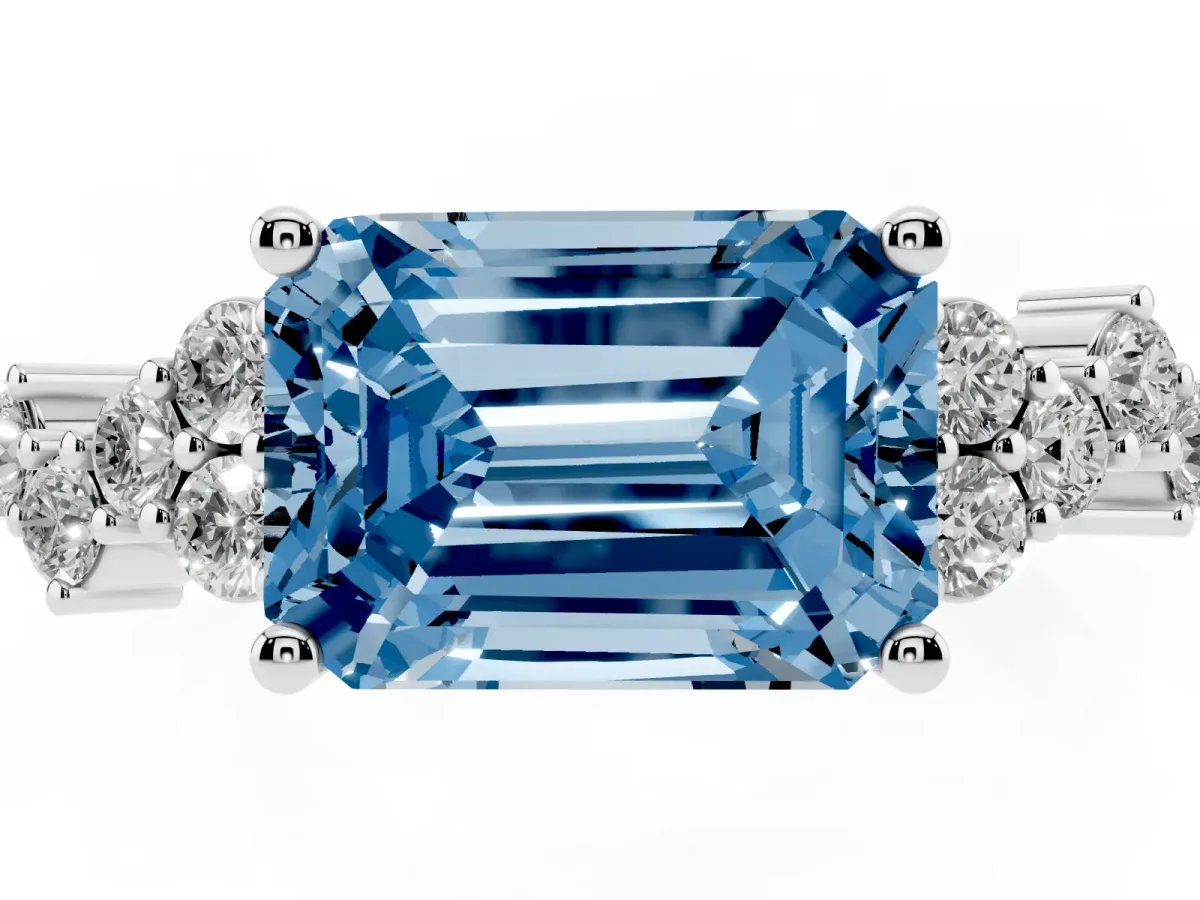 Fancy Blue Emerald Cut Diamond Scattered Round Accent Ring with Prong Setting Silver