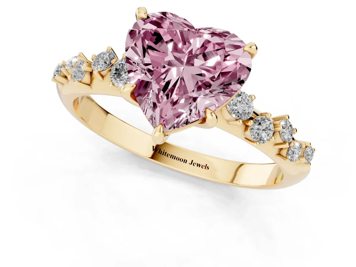 Fancy Pink Heart Cut Diamond Cluster Side Stone Solitaire Ring with Prong Setting Yellow gold