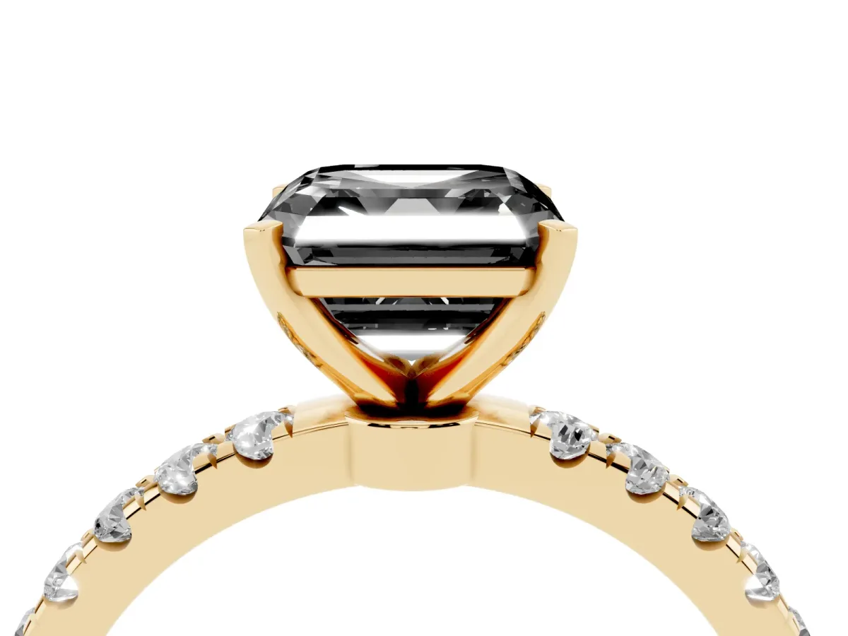 Fancy Black Asscher Cut Diamond Solitaire Ring with Pavé Accents and Four-Prong Setting Yellow gold