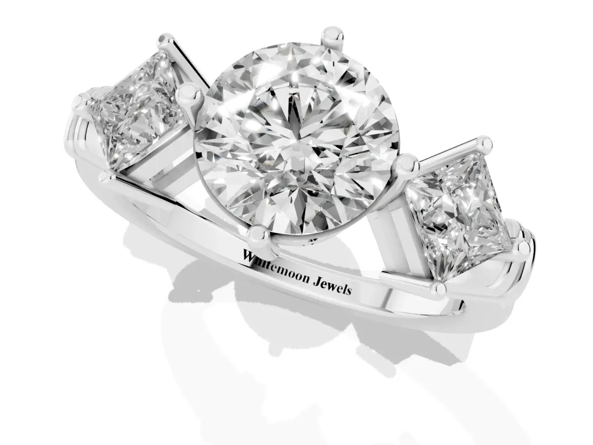Three-Stone Round Cut and Princess Cut Diamond Ring with Channel Band and Four-Prong Setting White gold