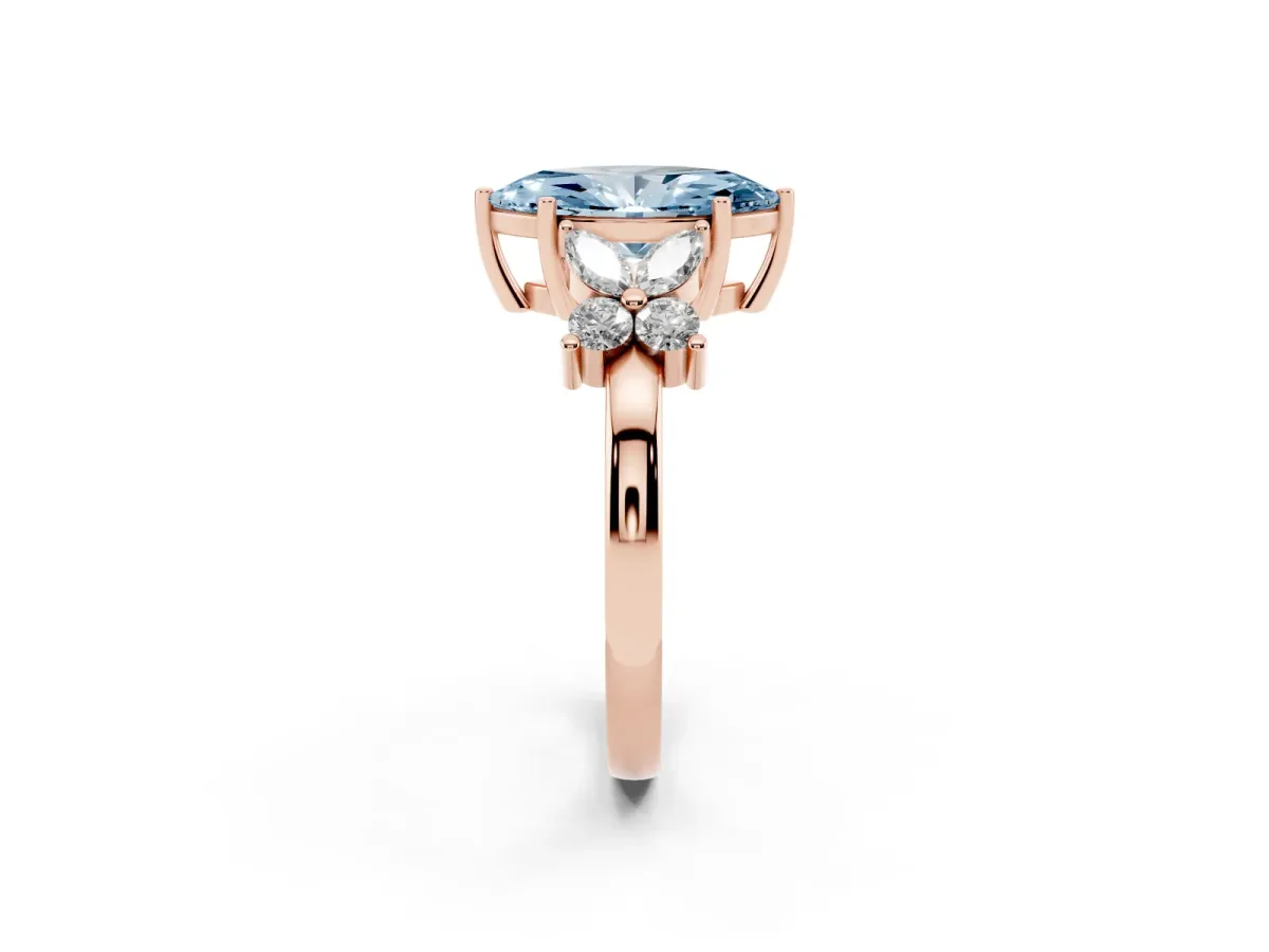 Fancy Blue Marquise Cut Diamond Floral Cluster Ring with Solitaire Band and Prong Setting Rose gold