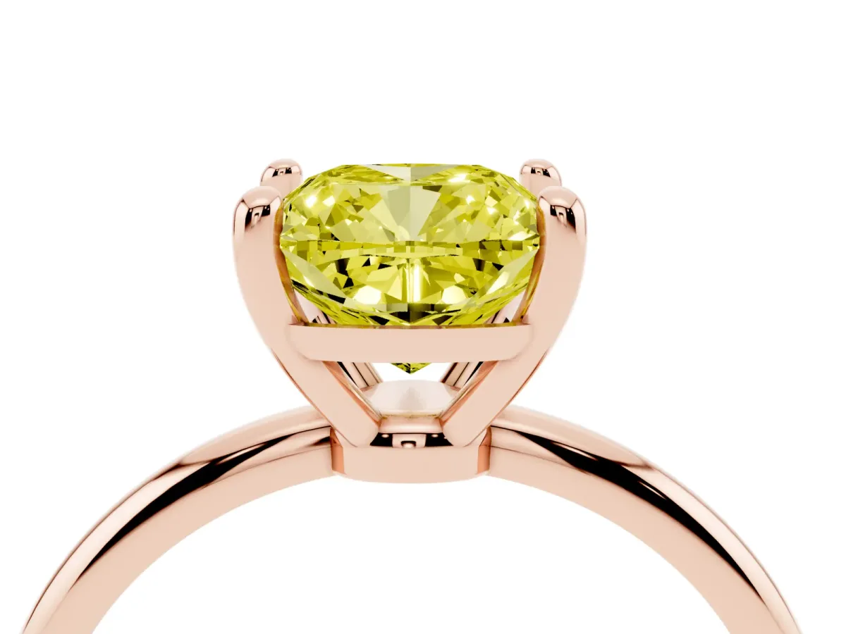 Fancy Yellow Cushion Cut Solitaire Diamond Ring with 4-Prong Setting on a Classic Band Rose gold
