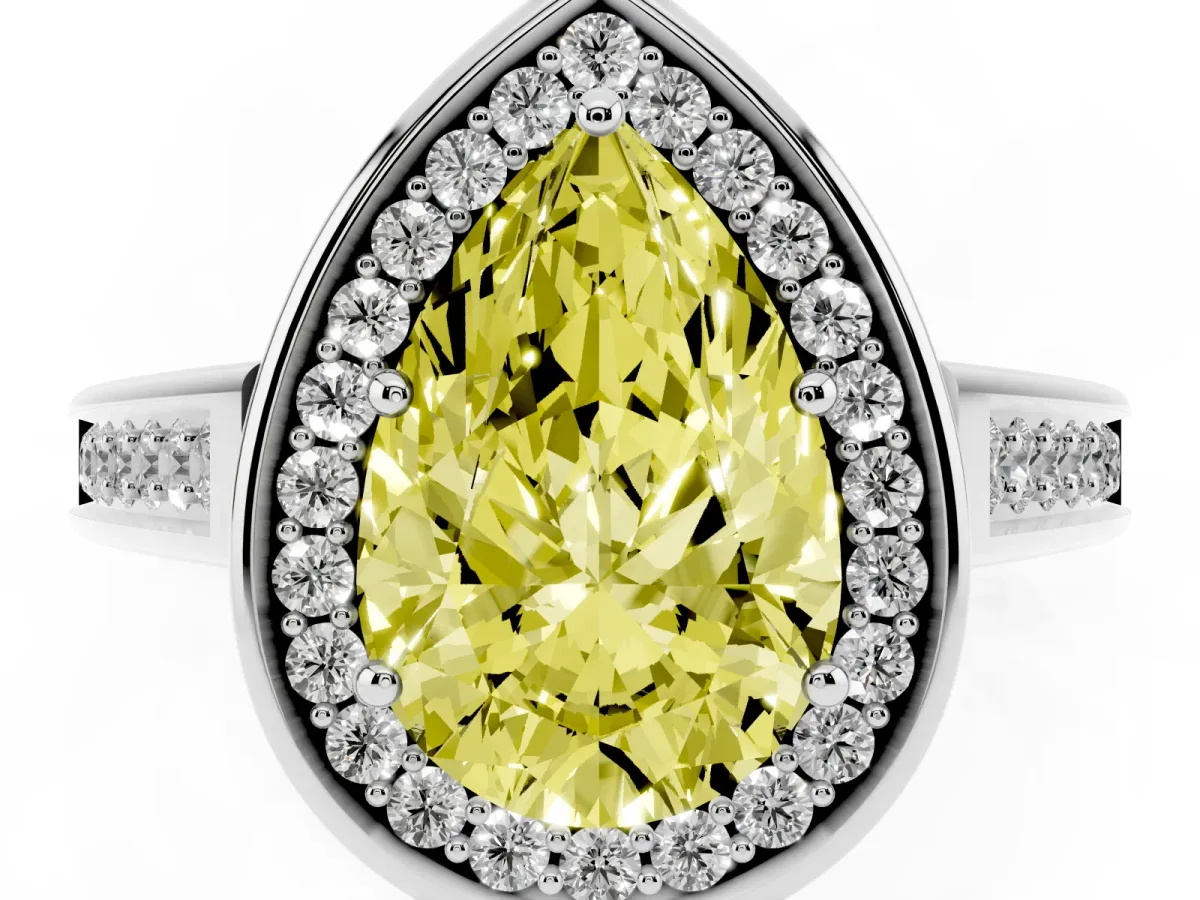 Fancy Yellow Pear Cut Halo Solitaire Diamond Ring with Pave Band and Bezel Setting Platinum