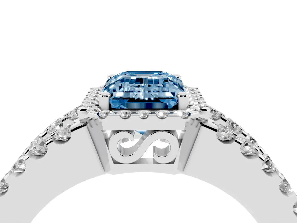 Fancy Blue Emerald Cut Cut Halo Split Shank Diamond Ring with Four-Prong Setting Silver