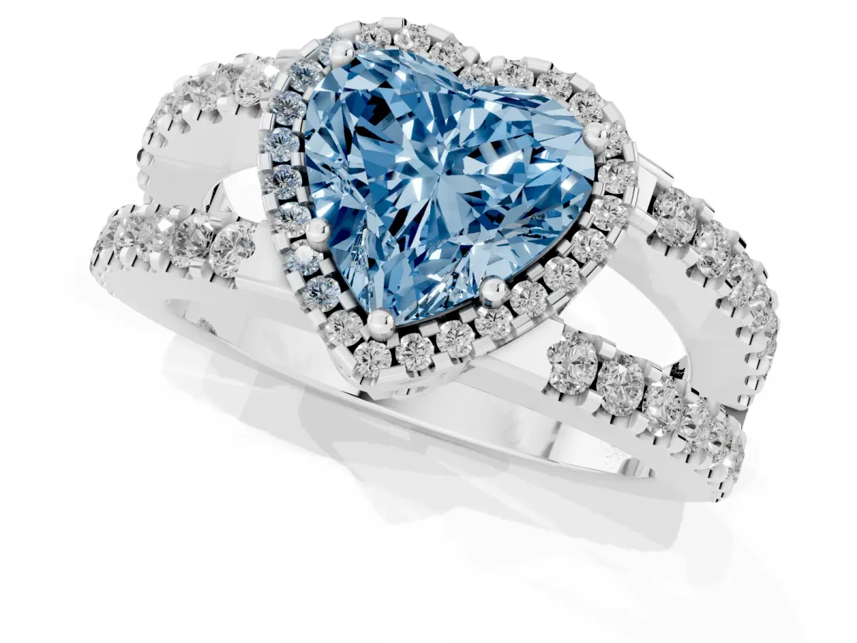 Fancy Blue Heart Cut Cut Halo Split Shank Diamond Ring with Four-Prong Setting Platinum