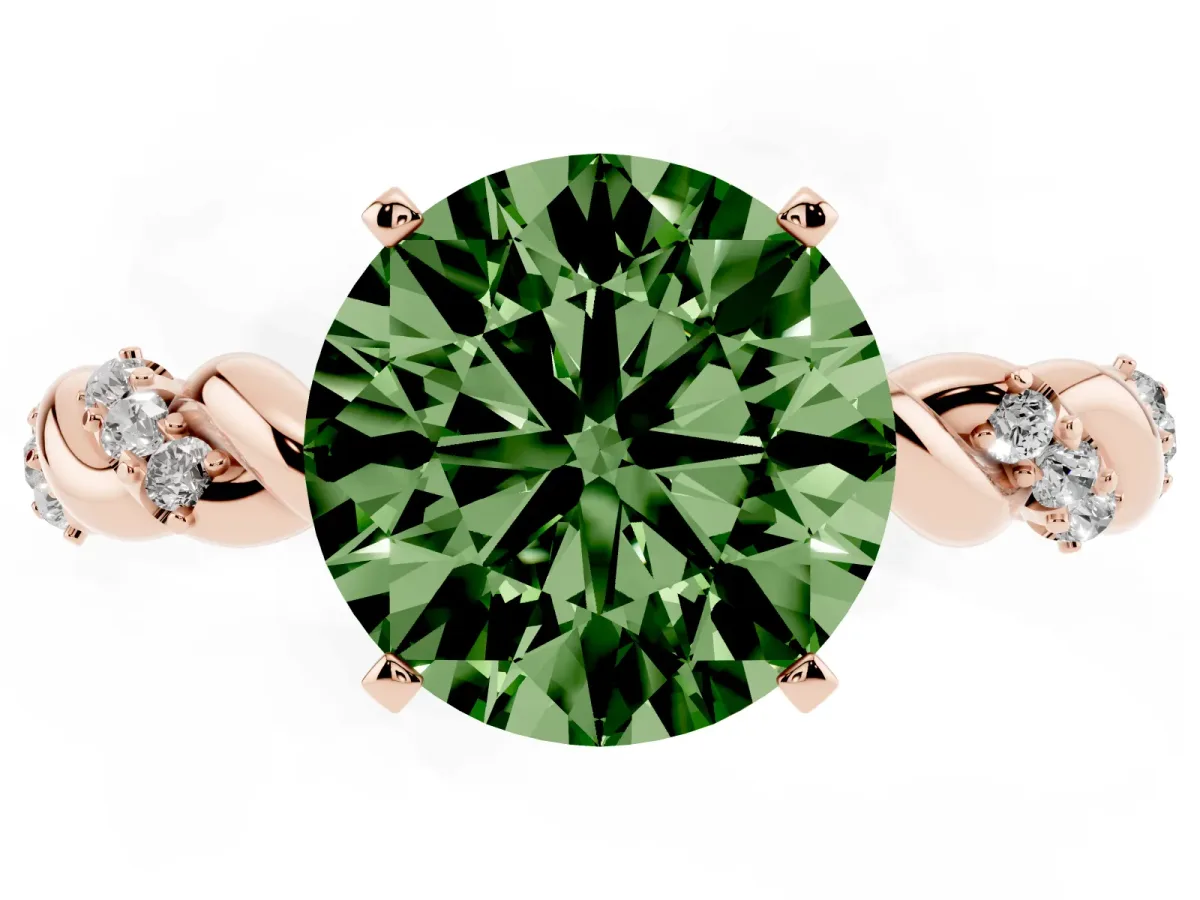 Fancy Green Round Cut Diamond Solitaire Ring with Twisted Band and Pavé Accents Rose gold