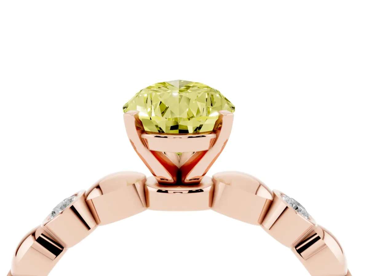 Fancy Yellow Pear Cut Solitaire Bezel-Set Diamond Ring with Beaded Band and Four-Prong Setting Rose gold