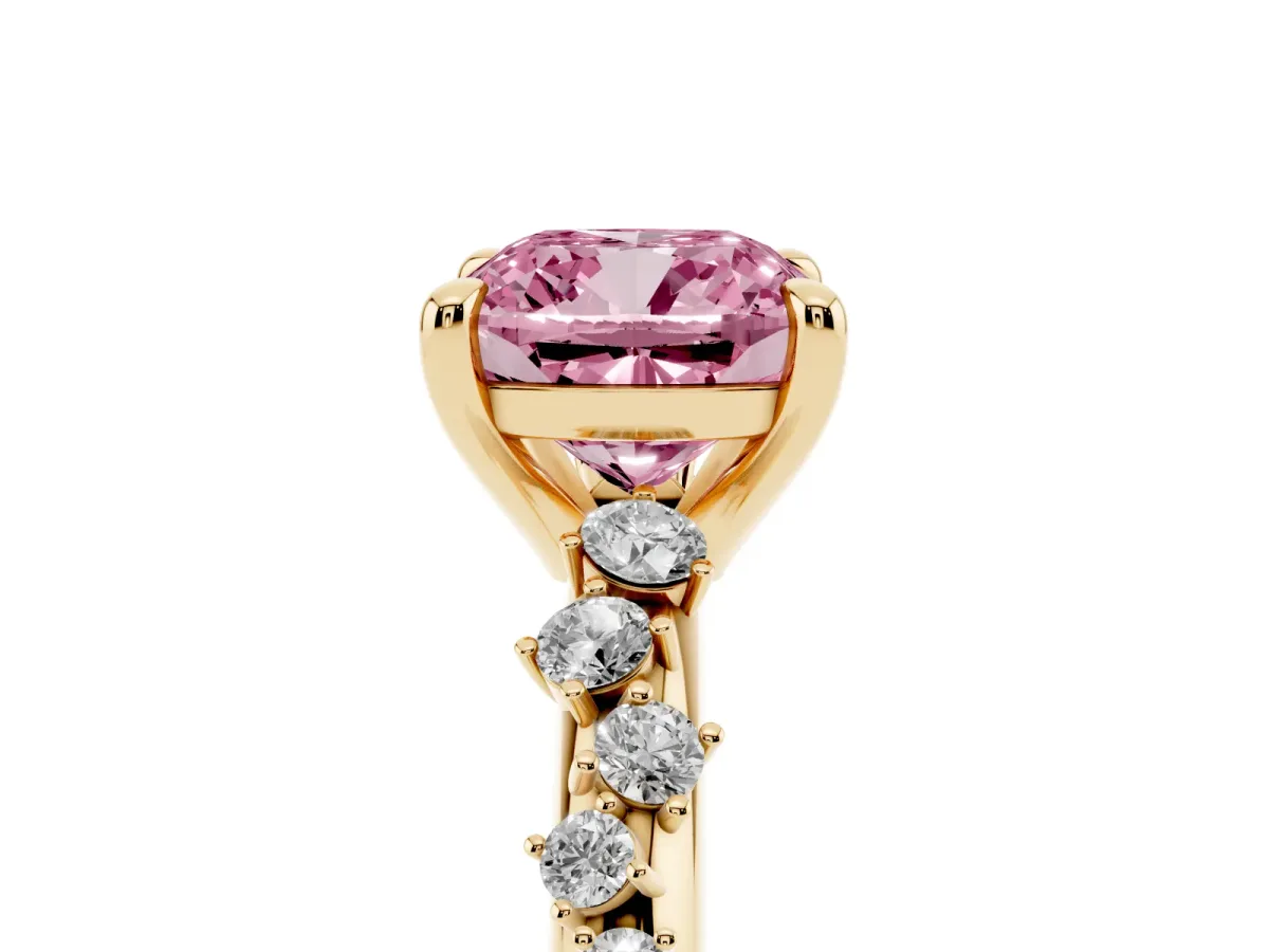 Fancy Pink Cushion Cut Cut Diamond Vine Band with Four-Prong Setting Yellow gold