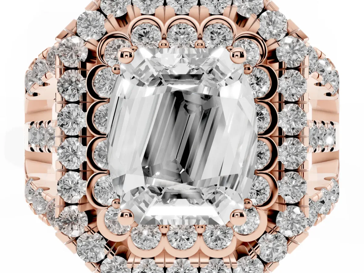 Emerald Cut Diamond Double Halo Ring with Round Pavé Split Shank and Prong Setting Rose gold