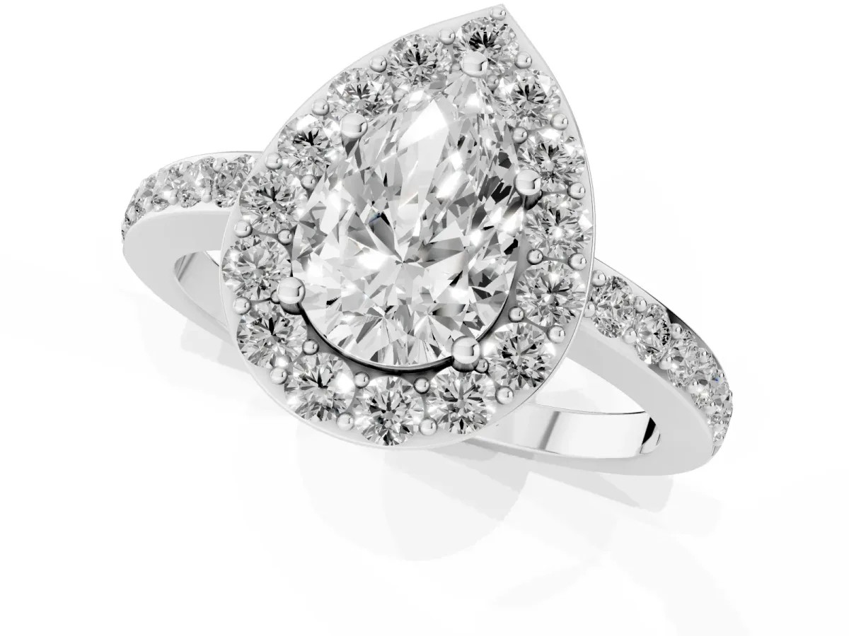 Pear Cut Halo Diamond Pavé Band Ring with Prong Setting Silver
