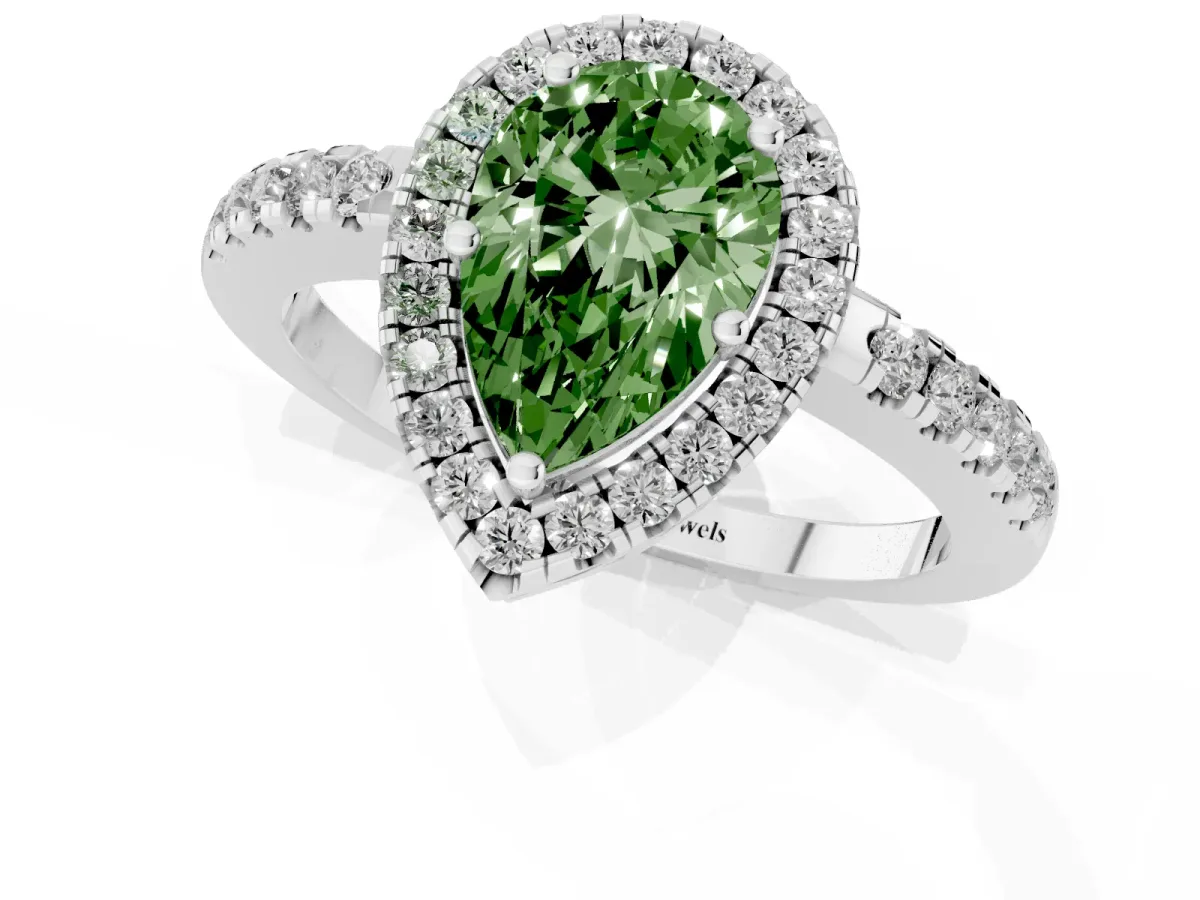 Fancy Green Pear Cut Halo Diamond Engagement Ring with Pavé Band and Four-Prong Setting Silver