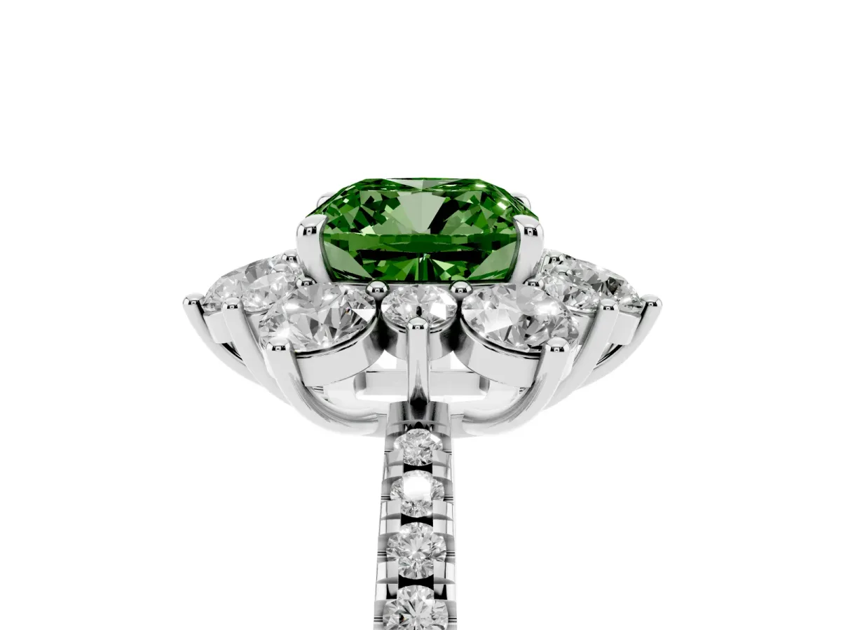 Fancy Green Cushion Cut Diamond Floral Halo Ring with Round Pavé Band and Prong Setting Silver