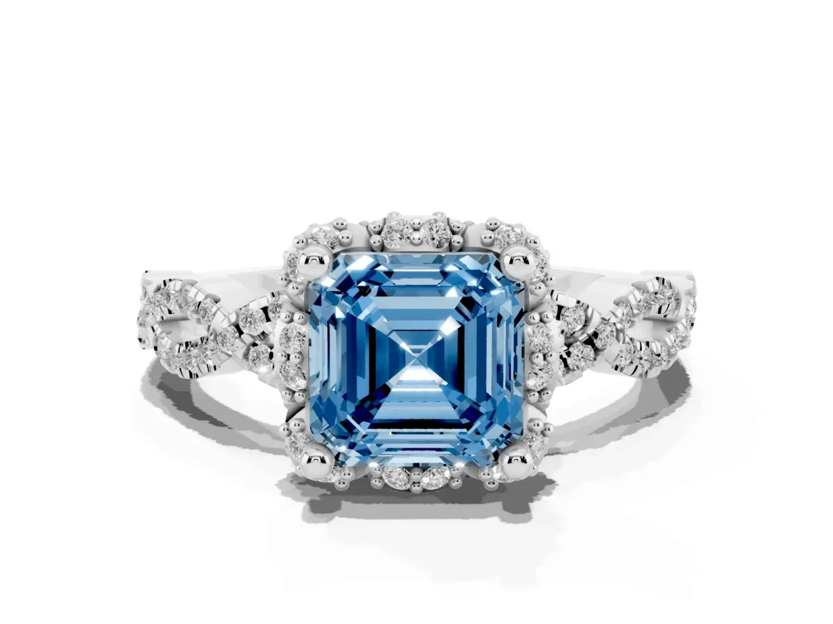 Fancy Blue Asscher Cut Halo Twist Band Solitaire Ring with Six-Prong Setting Silver