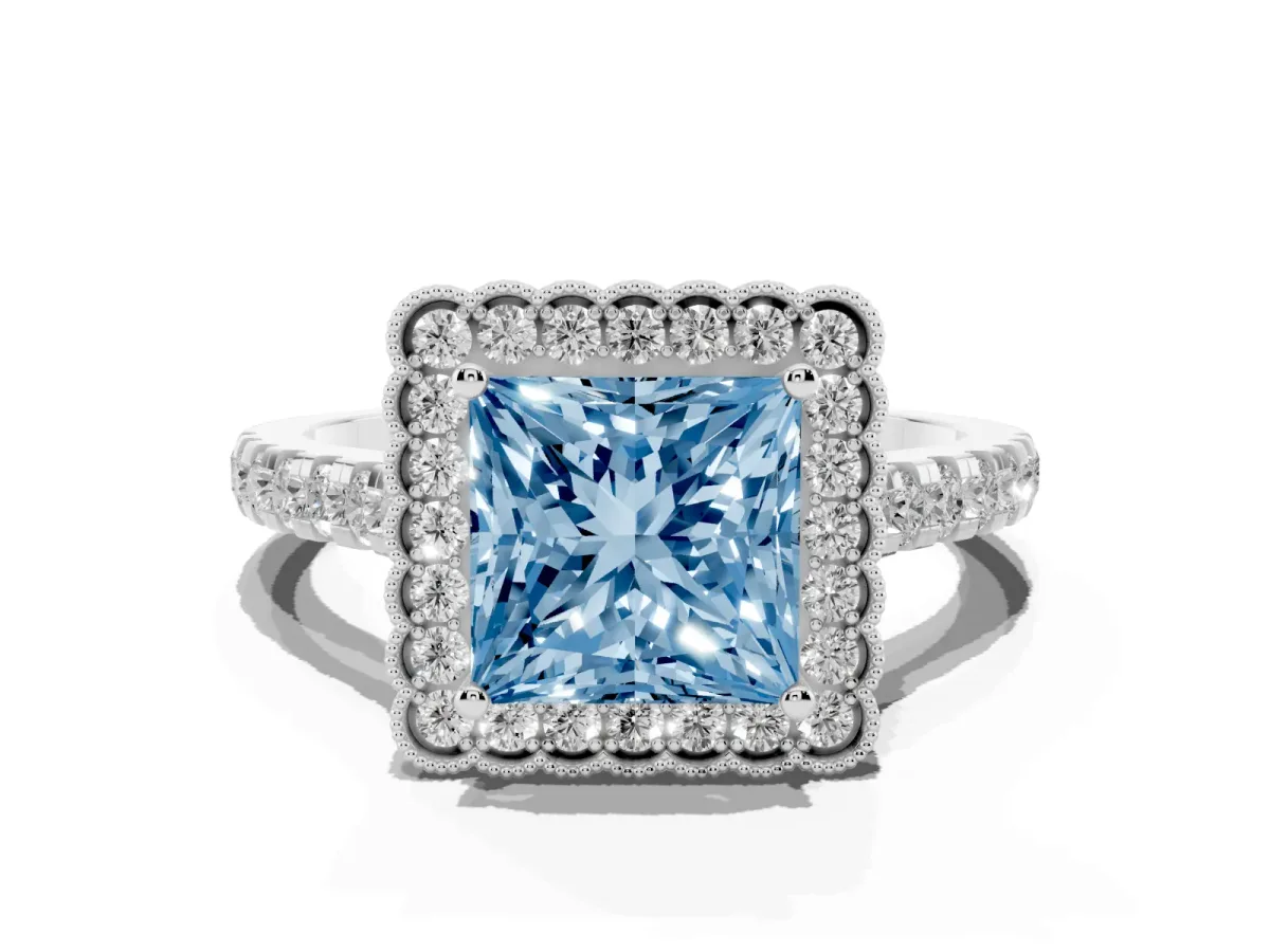 Fancy Blue Princess Cut Cut Diamond Milgrain Floral Halo Engagement Ring with Pavé Band Platinum