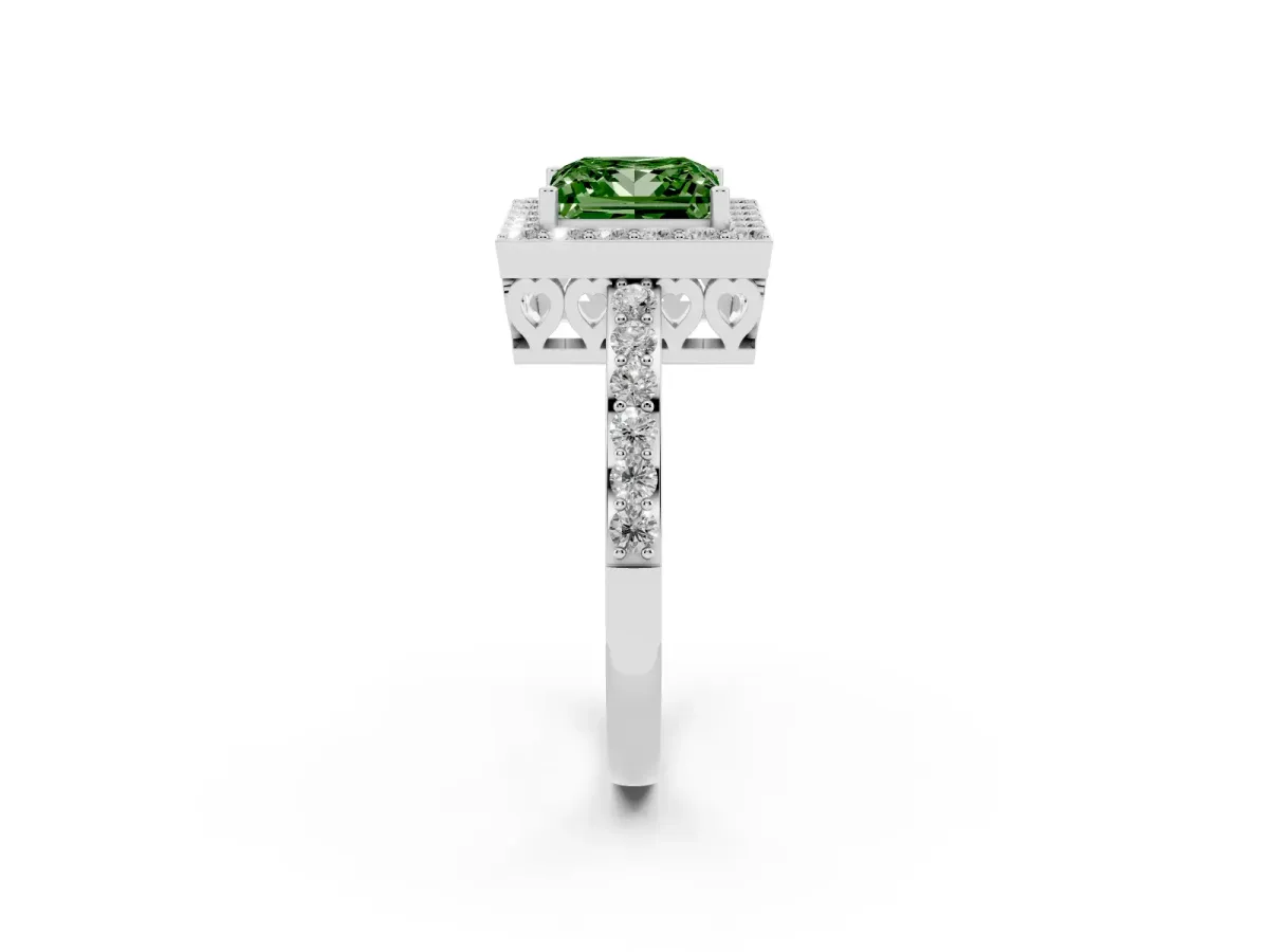 Fancy Green Princess Cut Halo Diamond Pavé Band Ring with Prong Setting Silver