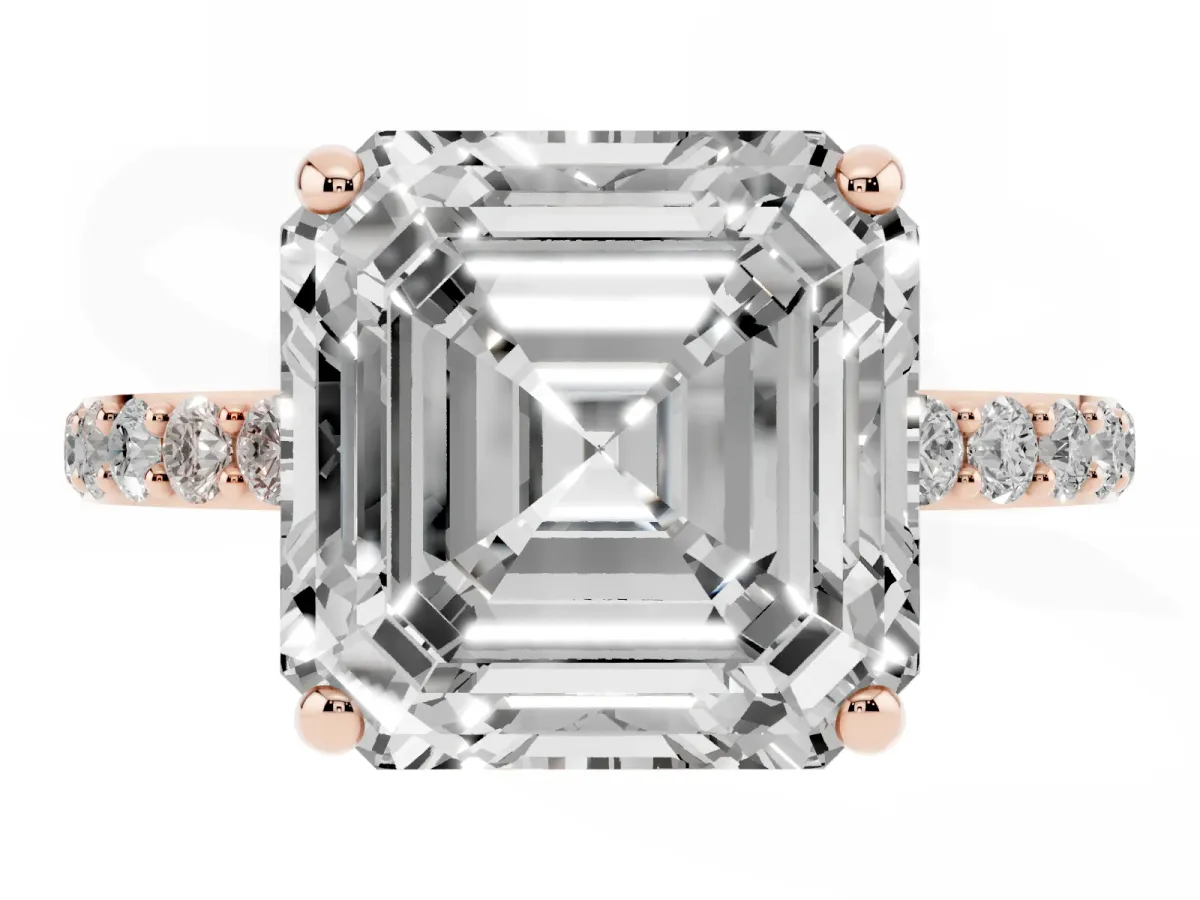 Asscher Cut Diamond Solitaire Ring with Round Pavé Band and Prong Setting Rose gold