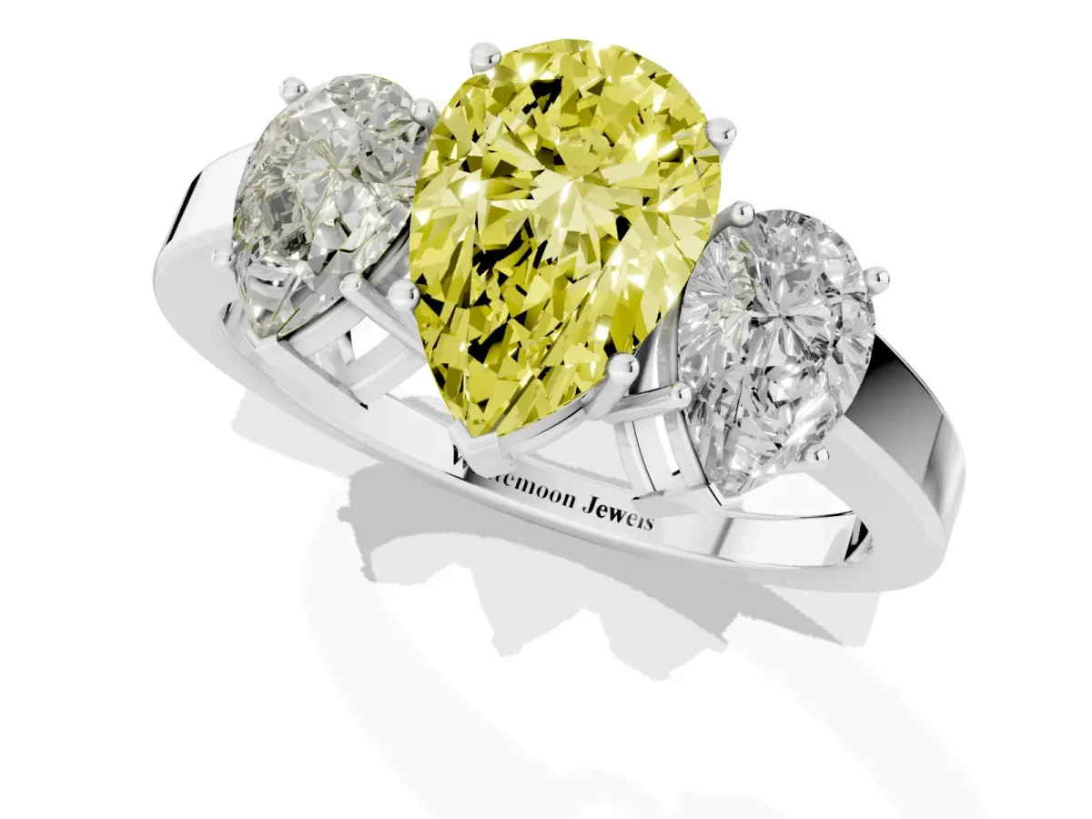 Fancy Yellow Three-Stone Pear Cut Cut Diamond Engagement Ring with Flat Band and Four-Prong Setting Silver