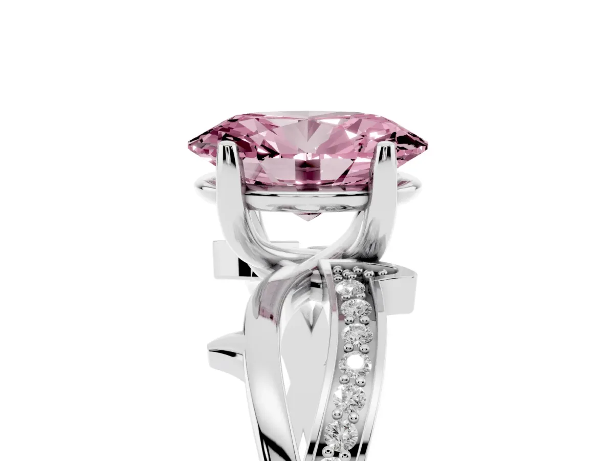 Fancy Pink Oval Cut Solitaire Twist Band with Pavé Accents and Four-Prong Setting Silver