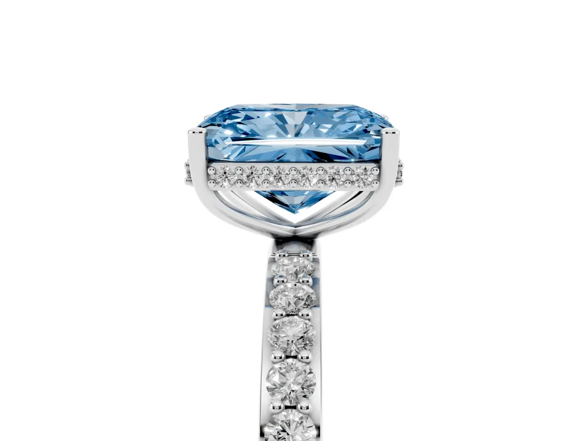 Fancy Blue Radiant Cut Diamond Solitaire Ring with Pavé Band and Hidden Halo Silver