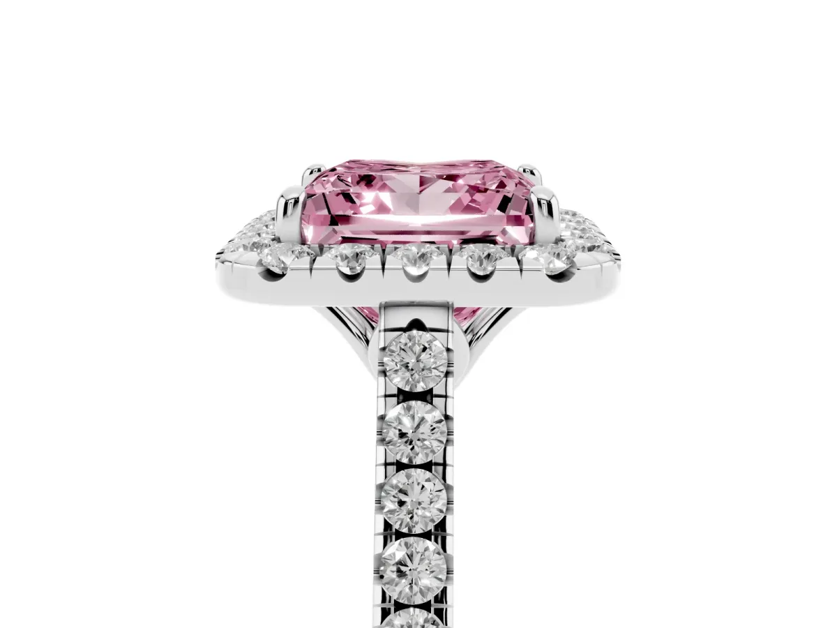 Fancy Pink Princess Cut Halo Pavé Diamond Engagement Ring with Four-Prong Setting Silver
