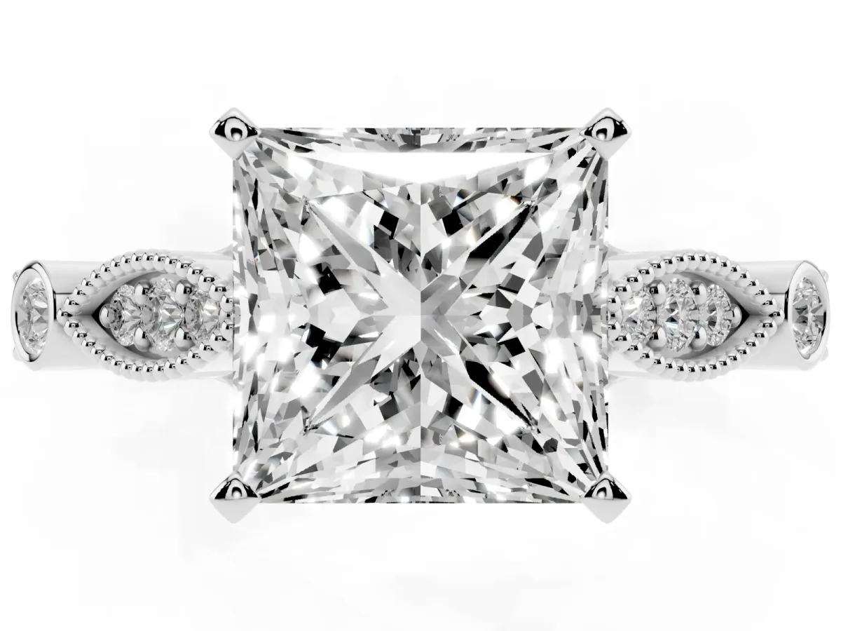 Princess Cut Cut Diamond with Milgrain Marquise and Bezel Accents on a Solitaire Band with Prong Setting Platinum